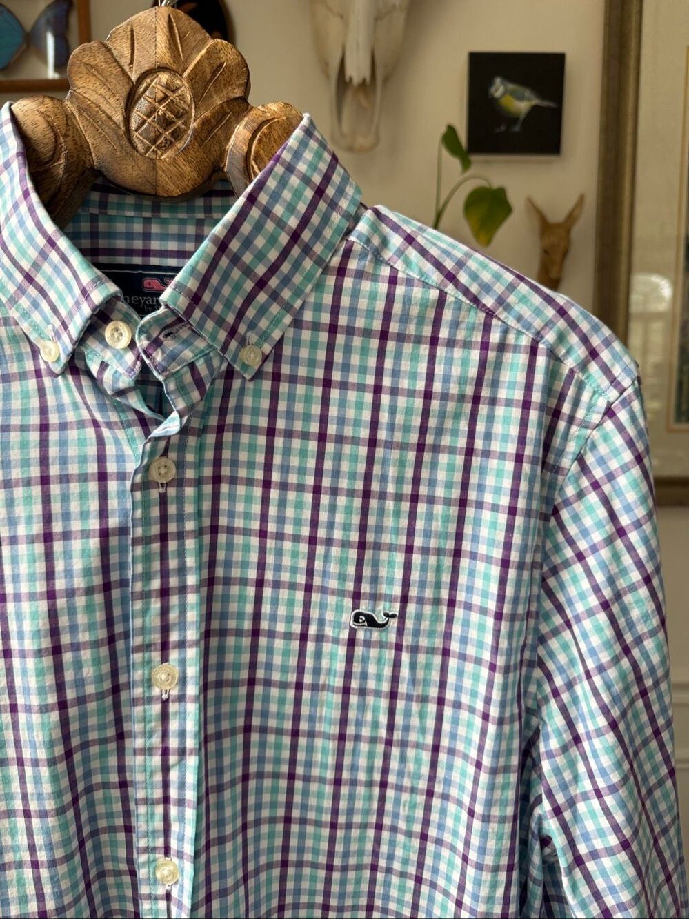 Vineyard Vines Whale Shirt 100% Cotton Blue Green Purple Plaid Button Down Shirt